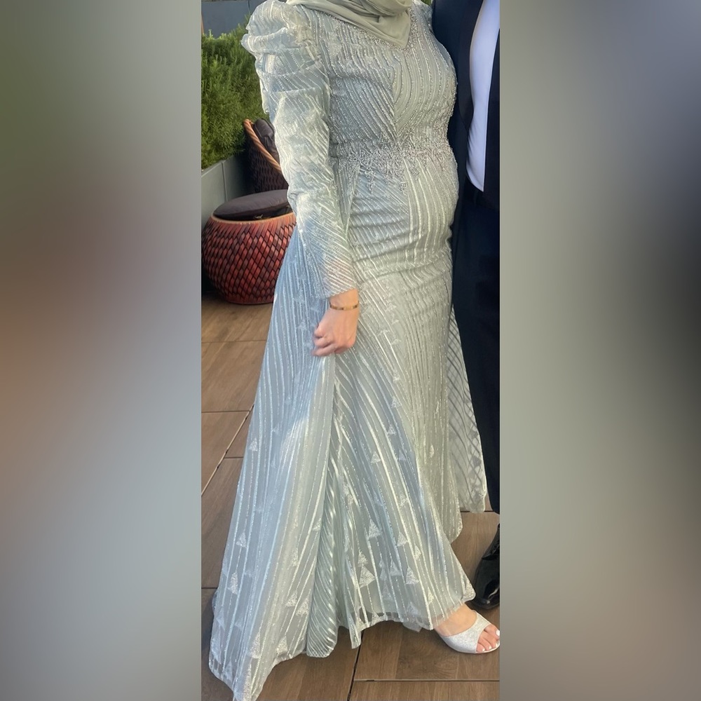 Modessa Couture formal sequined dress. Light emerald green and silver color.